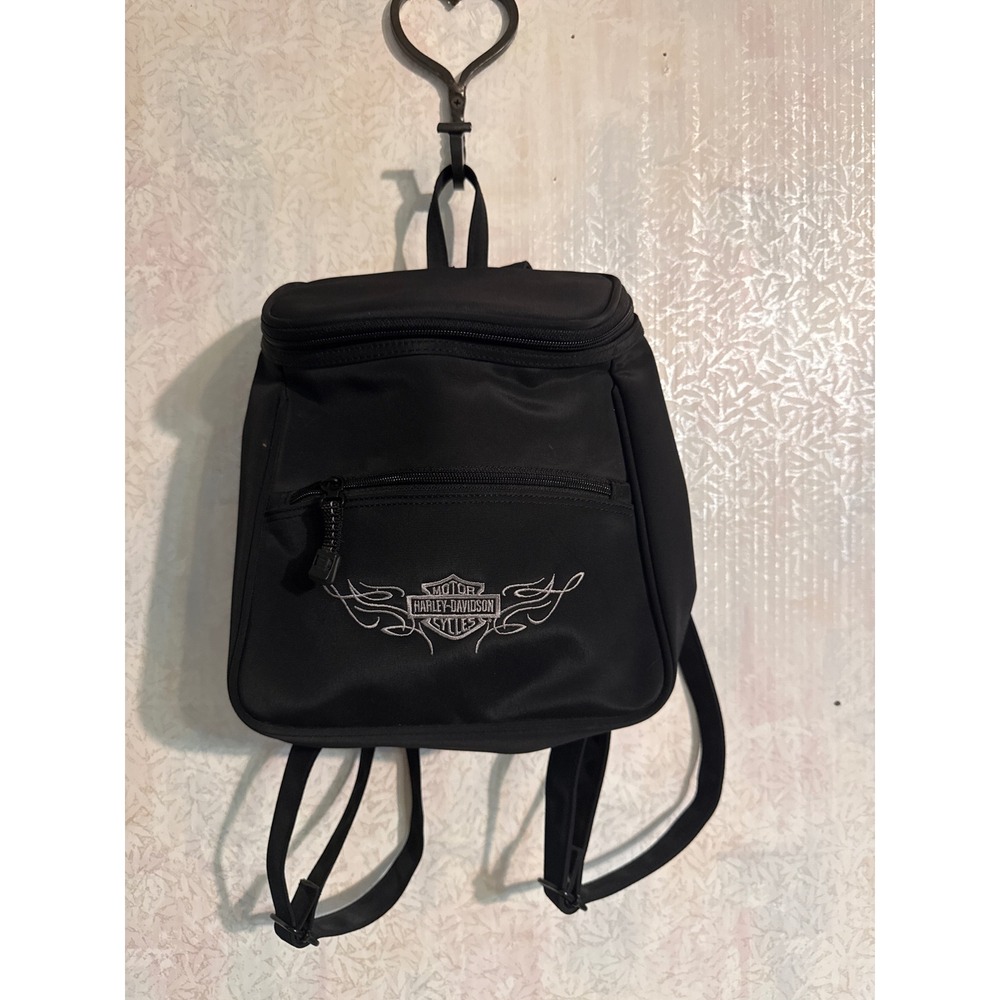 Harley Davidson Mini Backpack Black Nylon Embroidered Flame Logo Biker Bag